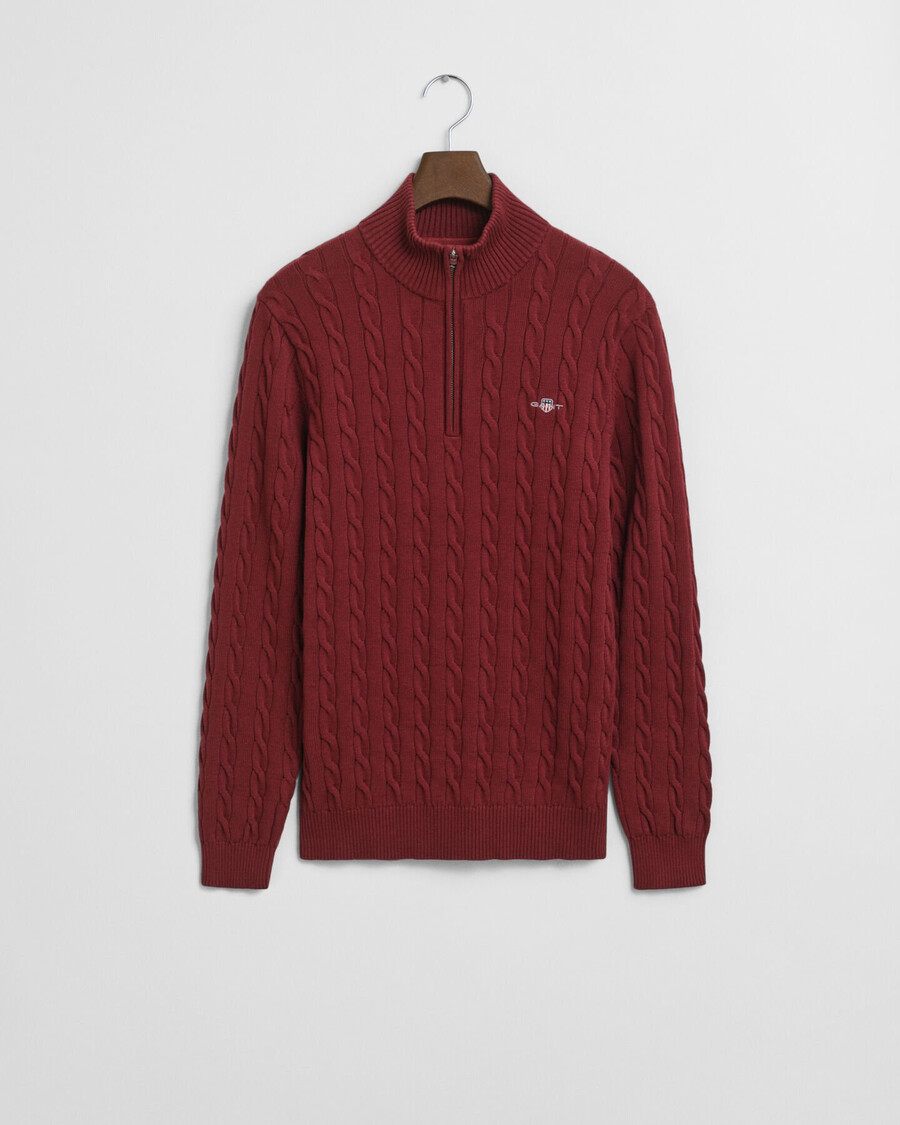 baumwoll-zopfstrickpullover mit halbem reißverschluss – rot