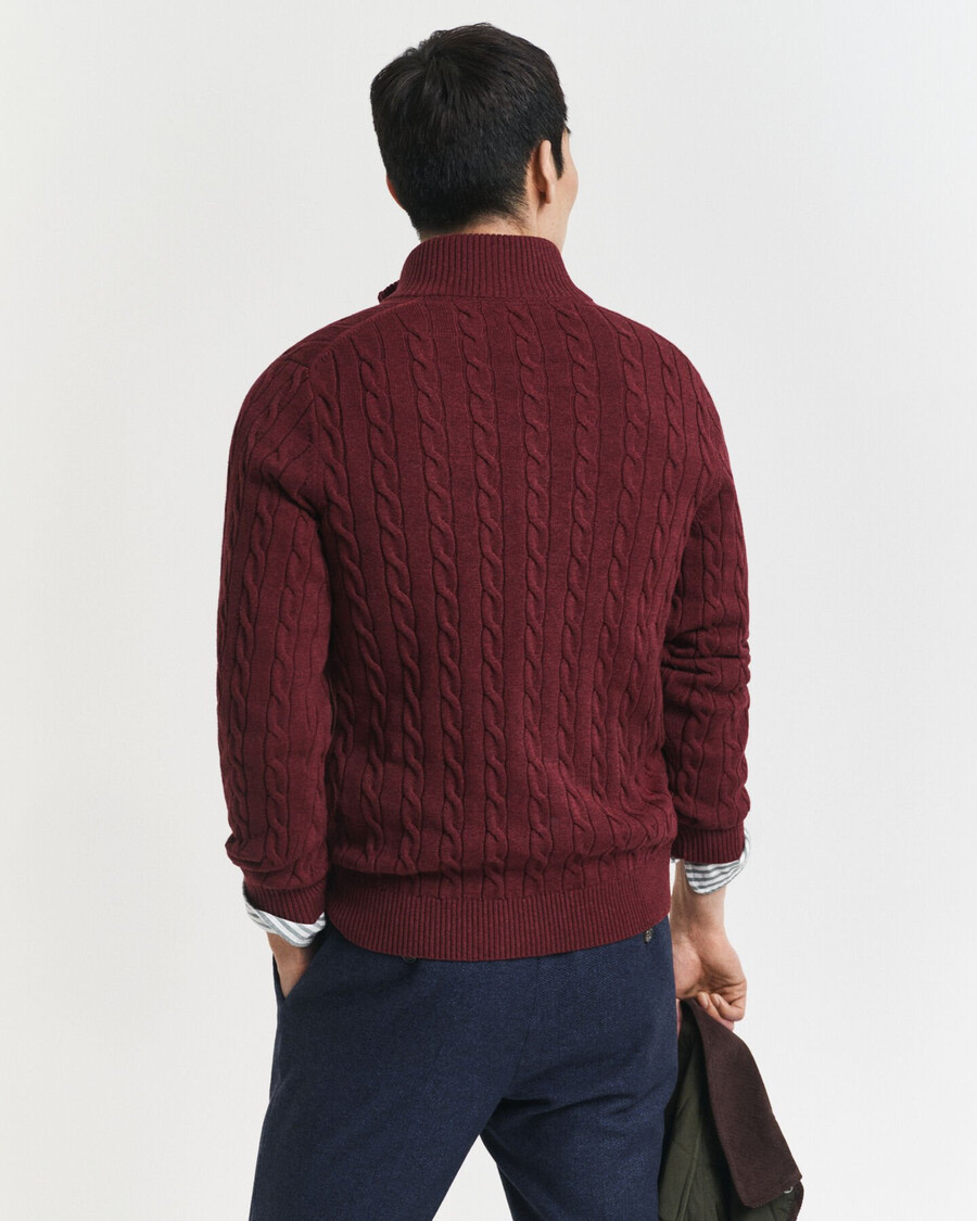 baumwoll-zopfstrickpullover mit halbem reißverschluss – bordeaux-melange