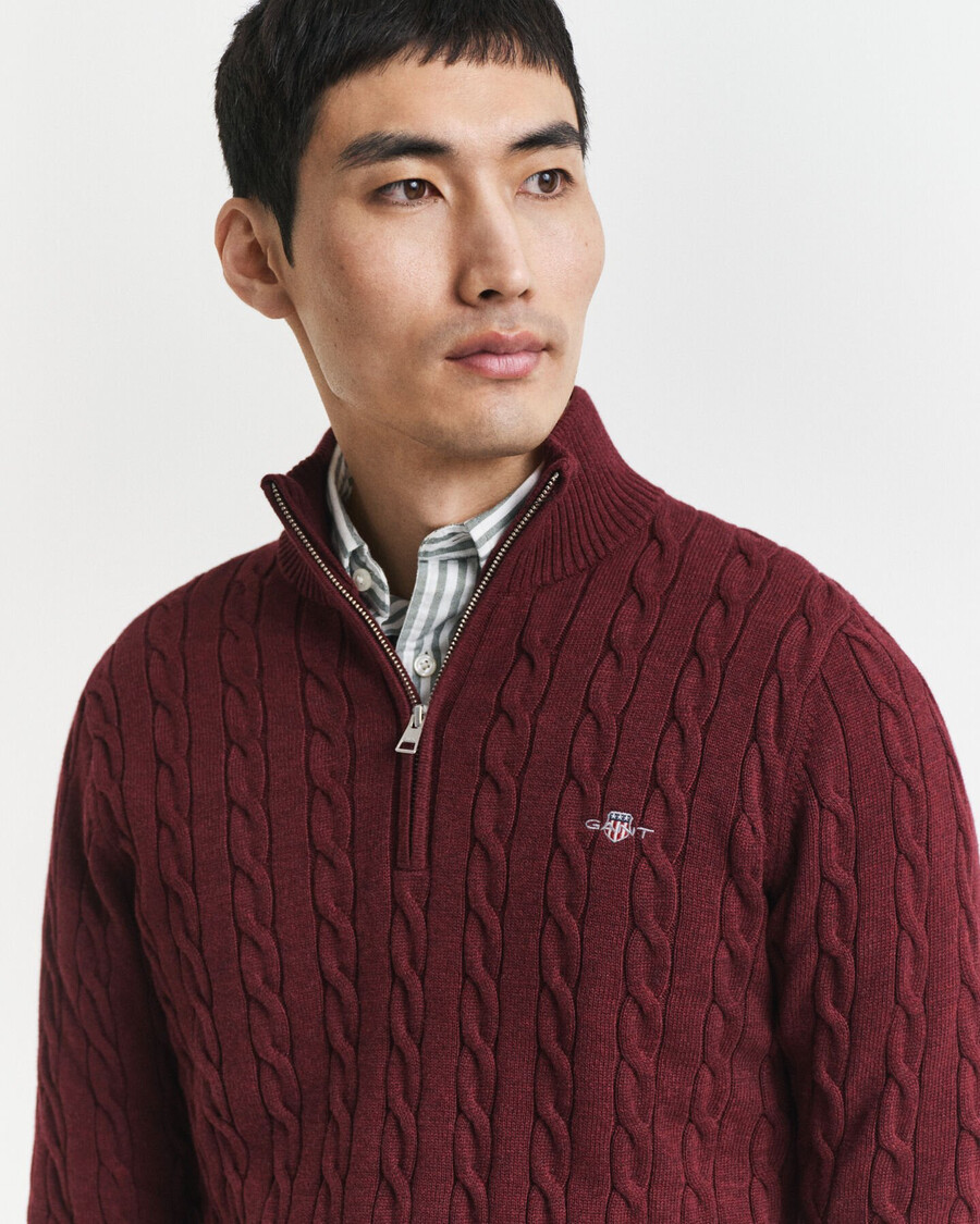 baumwoll-zopfstrickpullover mit halbem reißverschluss – bordeaux-melange