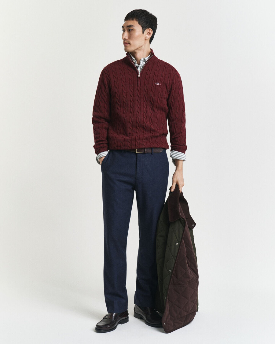 baumwoll-zopfstrickpullover mit halbem reißverschluss – bordeaux-melange