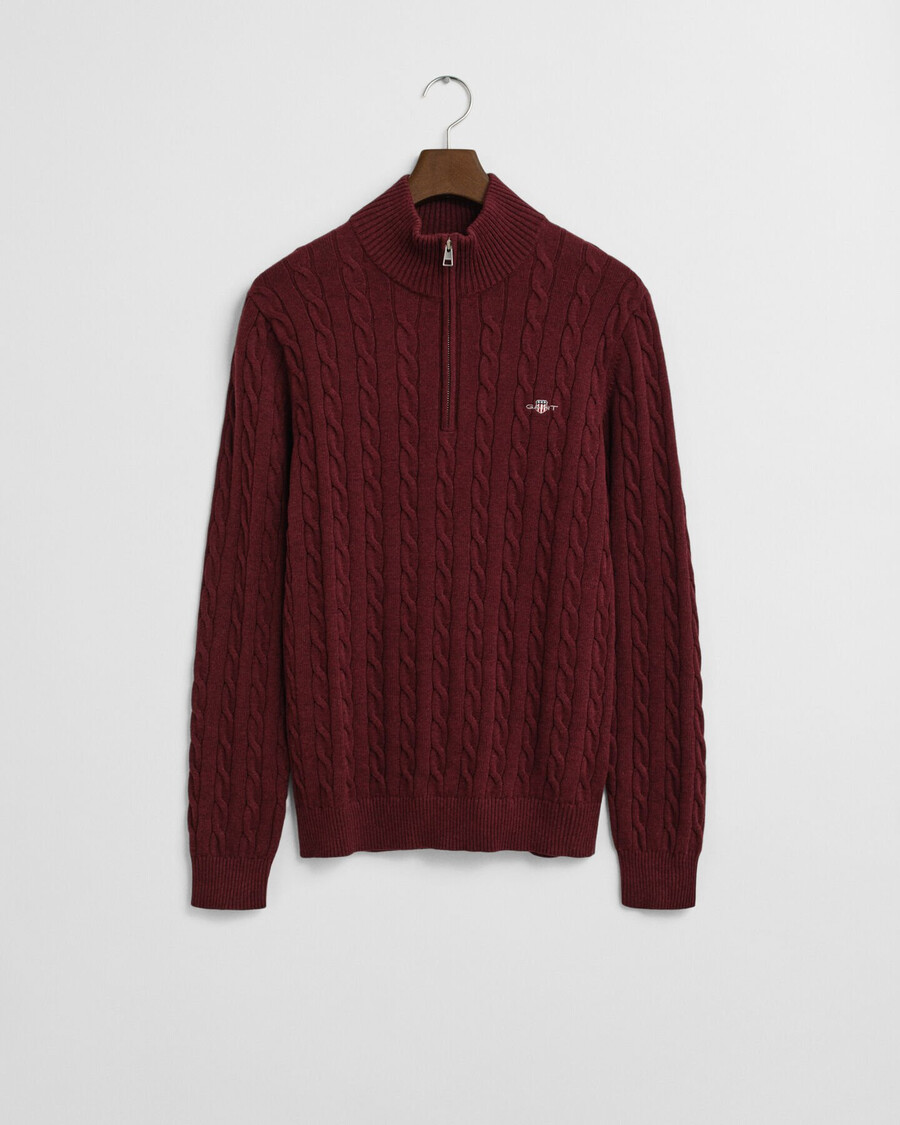 baumwoll-zopfstrickpullover mit halbem reißverschluss – bordeaux-melange