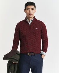 baumwoll-zopfstrickpullover mit halbem reißverschluss – bordeaux-melange