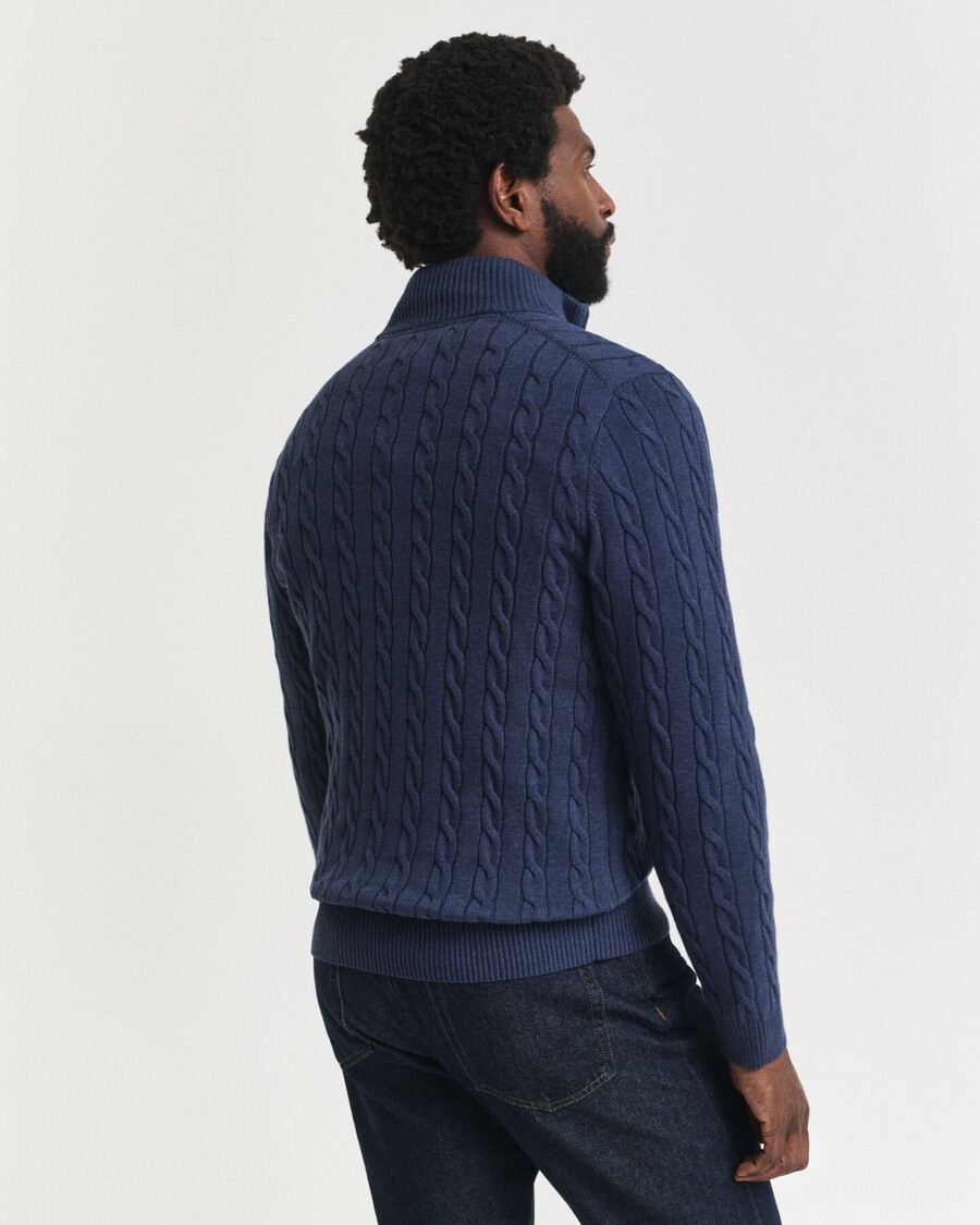 baumwoll-zopfstrickpullover mit halbem reißverschluss – dunkelblau meliert