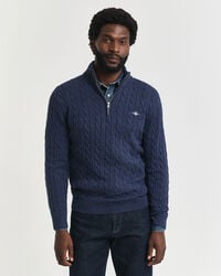 baumwoll-zopfstrickpullover mit halbem reißverschluss – dunkelblau meliert