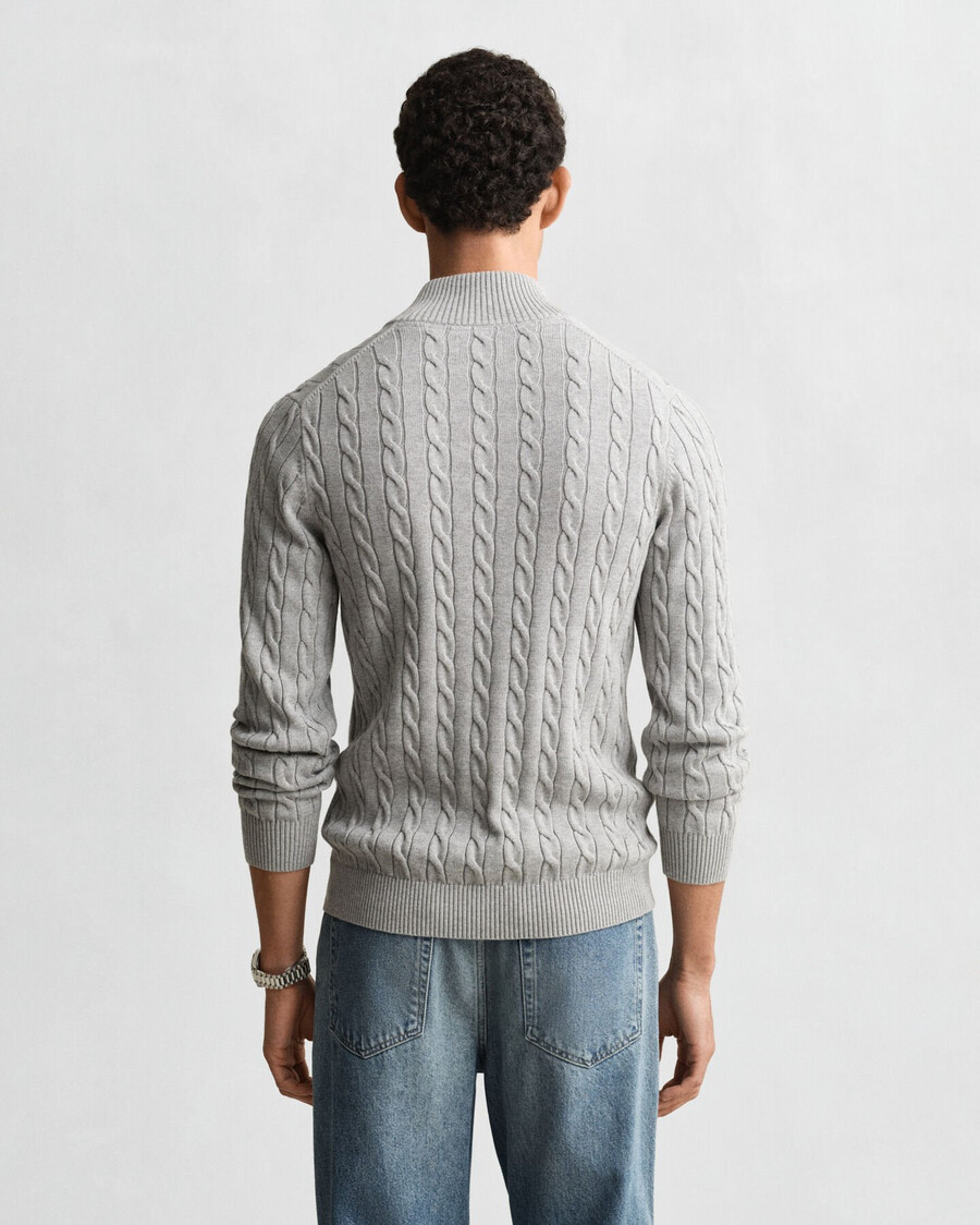 baumwoll-zopfstrickpullover mit halbem reißverschluss – grau meliert