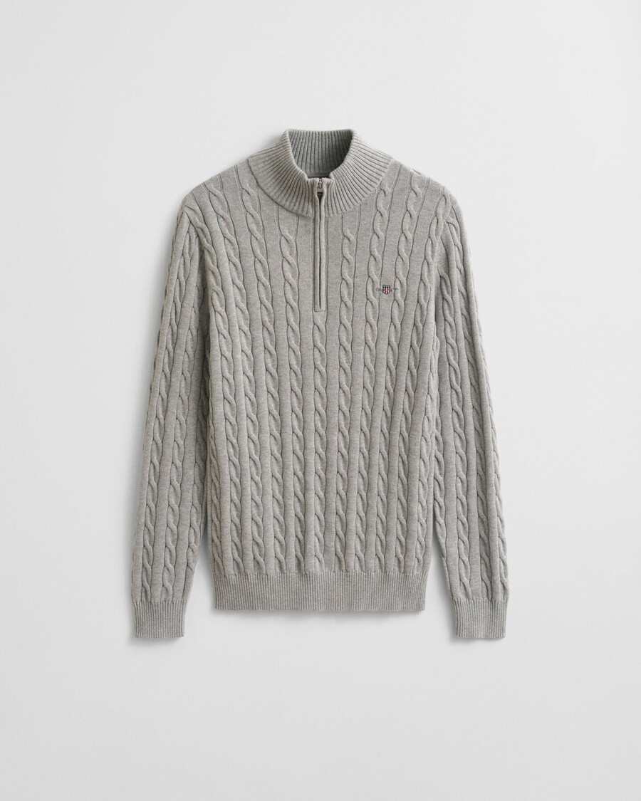 baumwoll-zopfstrickpullover mit halbem reißverschluss – grau meliert