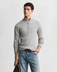 baumwoll-zopfstrickpullover mit halbem reißverschluss – grau meliert
