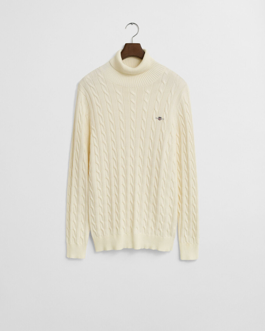 baumwoll-rollkragenpullover mit zopfmuster – creme