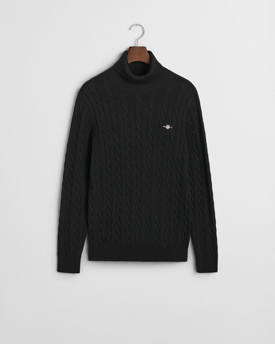 schwarzer rollkragenpullover aus baumwolle mit zopfmuster