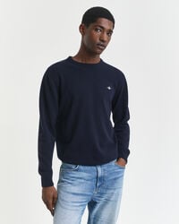 superfeiner lammwollpullover mit rundhalsausschnitt – marineblau