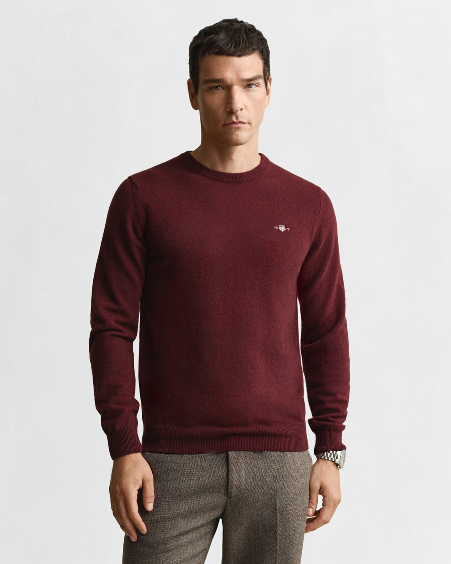 superfeiner lammwollpullover mit rundhalsausschnitt – bordeaux-melange