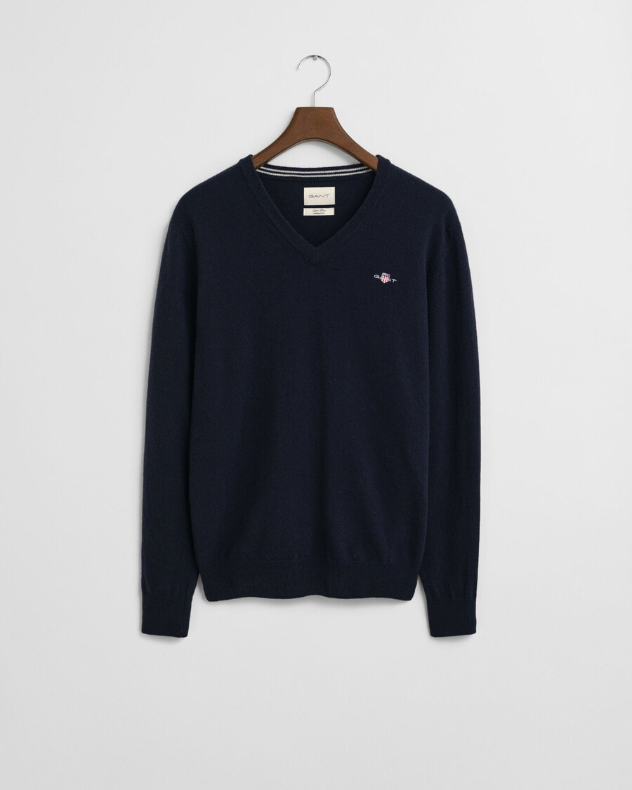 superfeiner lammwollpullover mit v-ausschnitt - marineblau