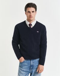 superfeiner lammwollpullover mit v-ausschnitt - marineblau