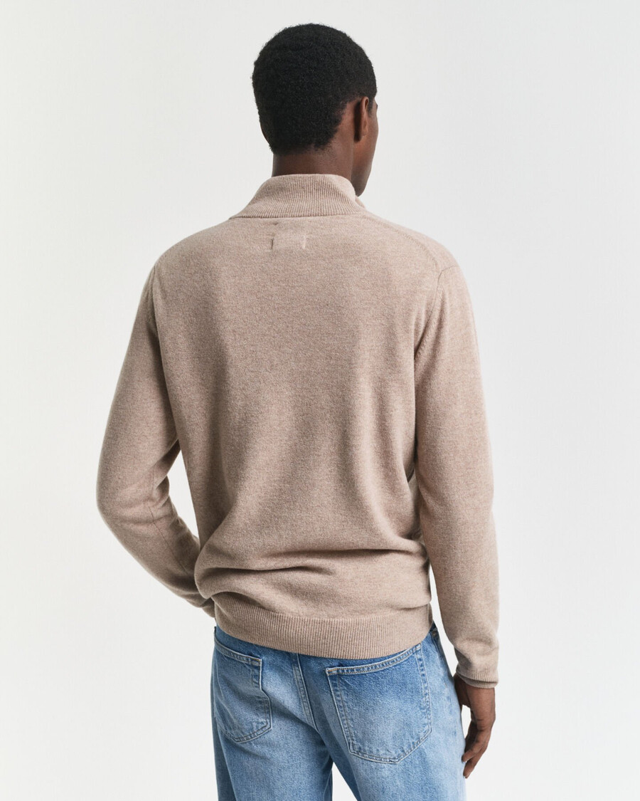 feiner lammwollpullover mit halbem reißverschluss – dunkelsandmeliert