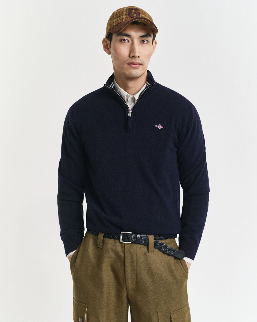 feiner lammwollpullover mit halbem reißverschluss – marineblau