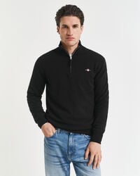 superfeiner lammwollpullover mit halbem reißverschluss – schwarz