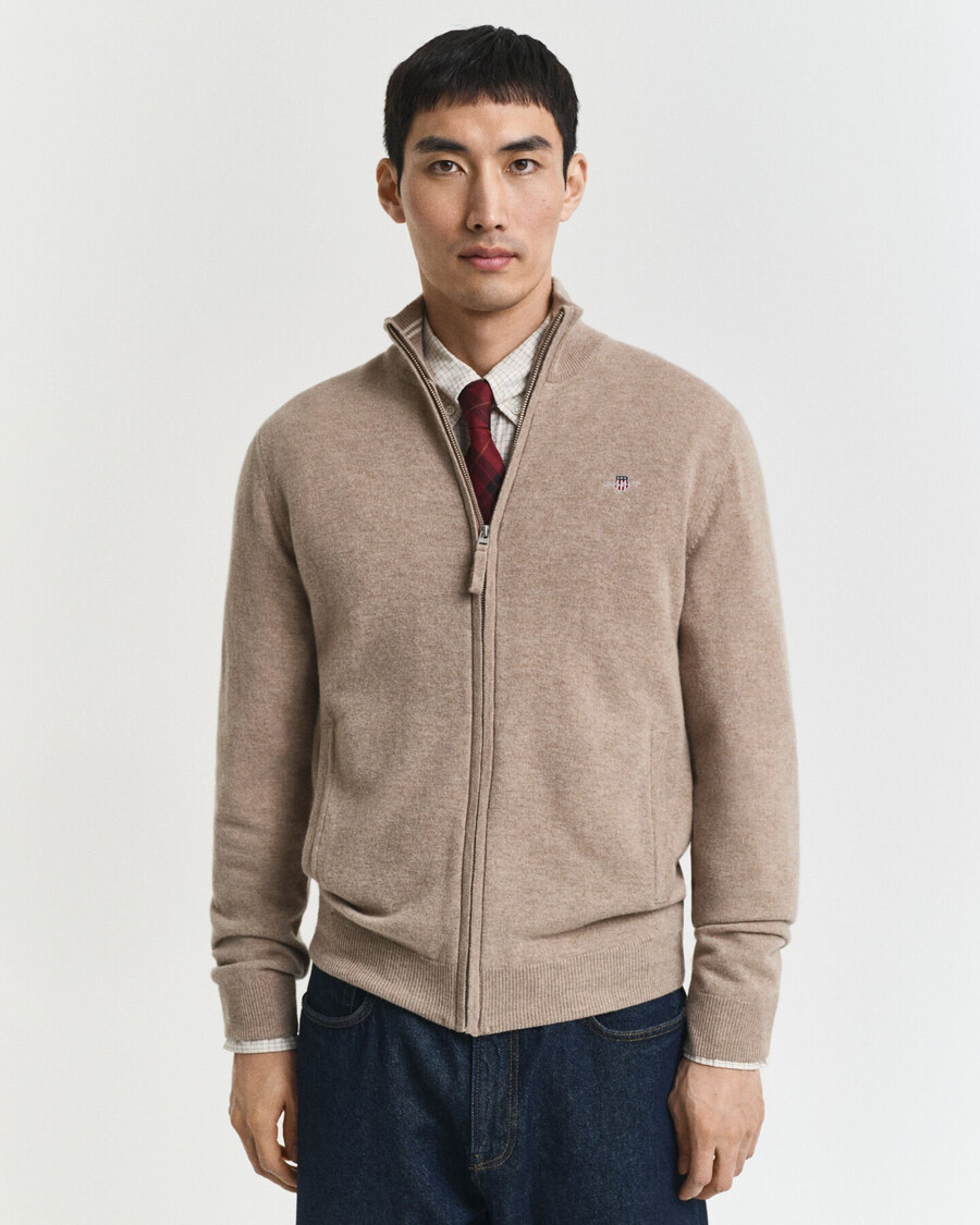 feinste lammwoll-strickjacke mit reißverschluss – dunkelsandmeliert