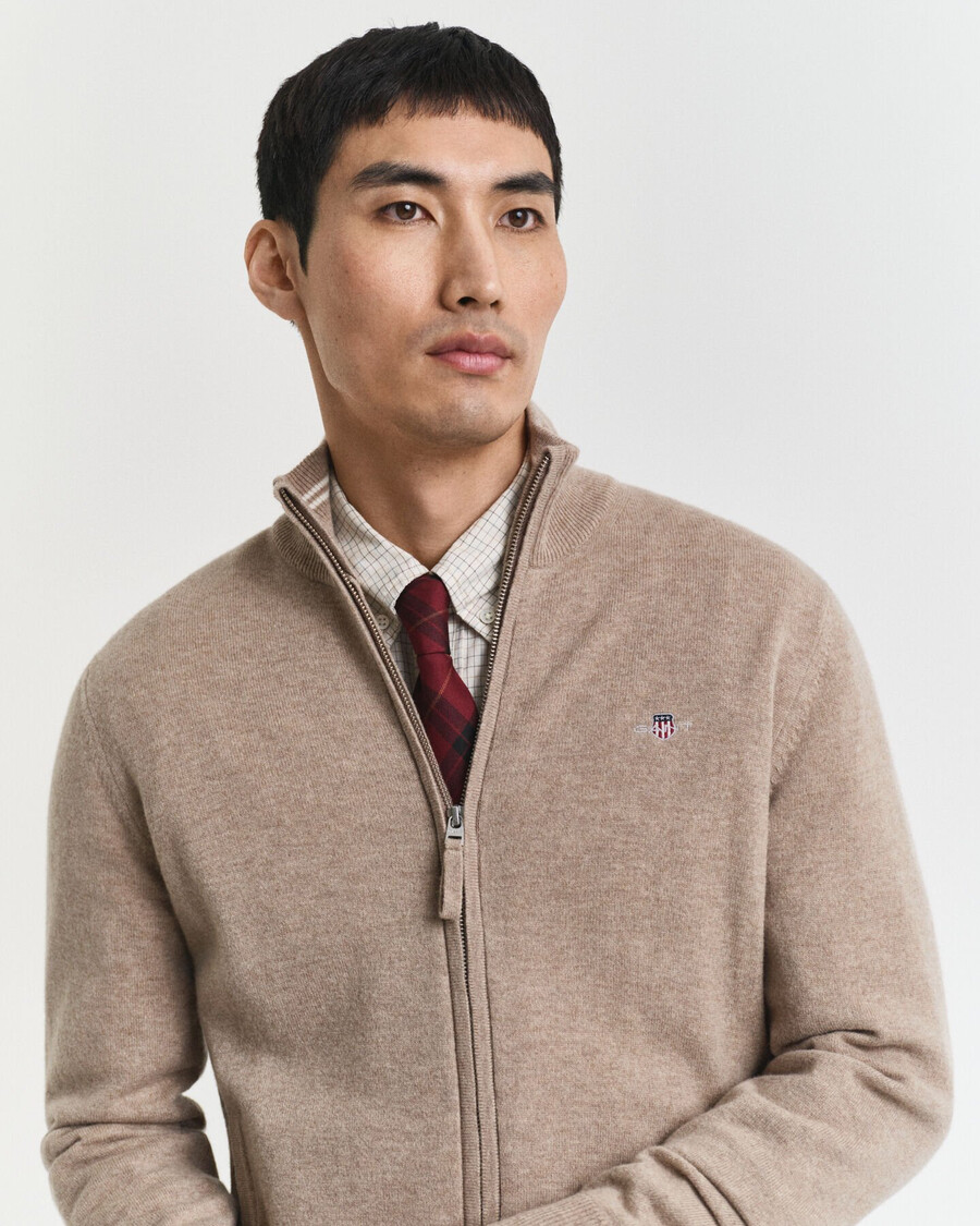 feinste lammwoll-strickjacke mit reißverschluss – dunkelsandmeliert