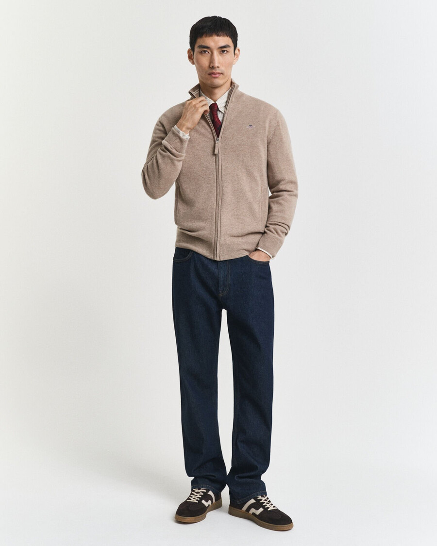 feinste lammwoll-strickjacke mit reißverschluss – dunkelsandmeliert