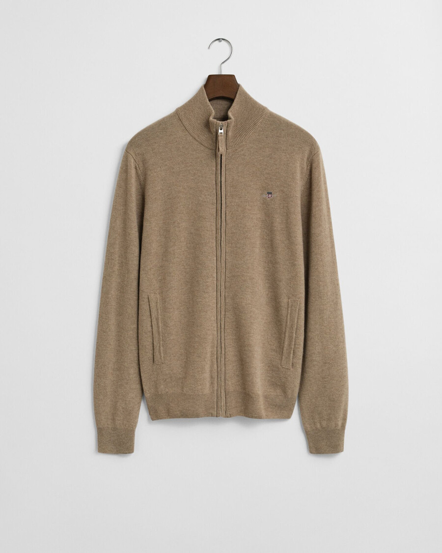 feinste lammwoll-strickjacke mit reißverschluss – dunkelsandmeliert