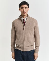 feinste lammwoll-strickjacke mit reißverschluss – dunkelsandmeliert