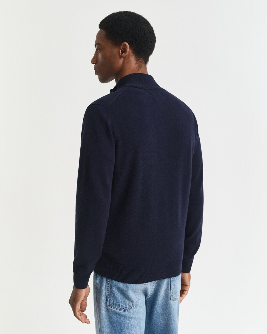 feinste lammwoll-strickjacke mit reißverschluss – marineblau
