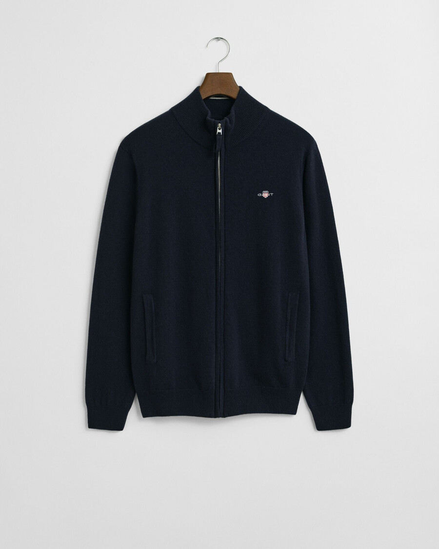 feinste lammwoll-strickjacke mit reißverschluss – marineblau