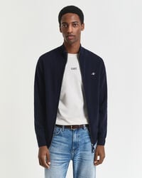 feinste lammwoll-strickjacke mit reißverschluss – marineblau