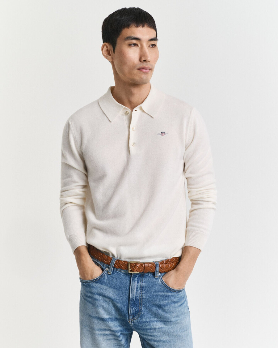 polo-pullover aus superfeiner lammwolle – creme