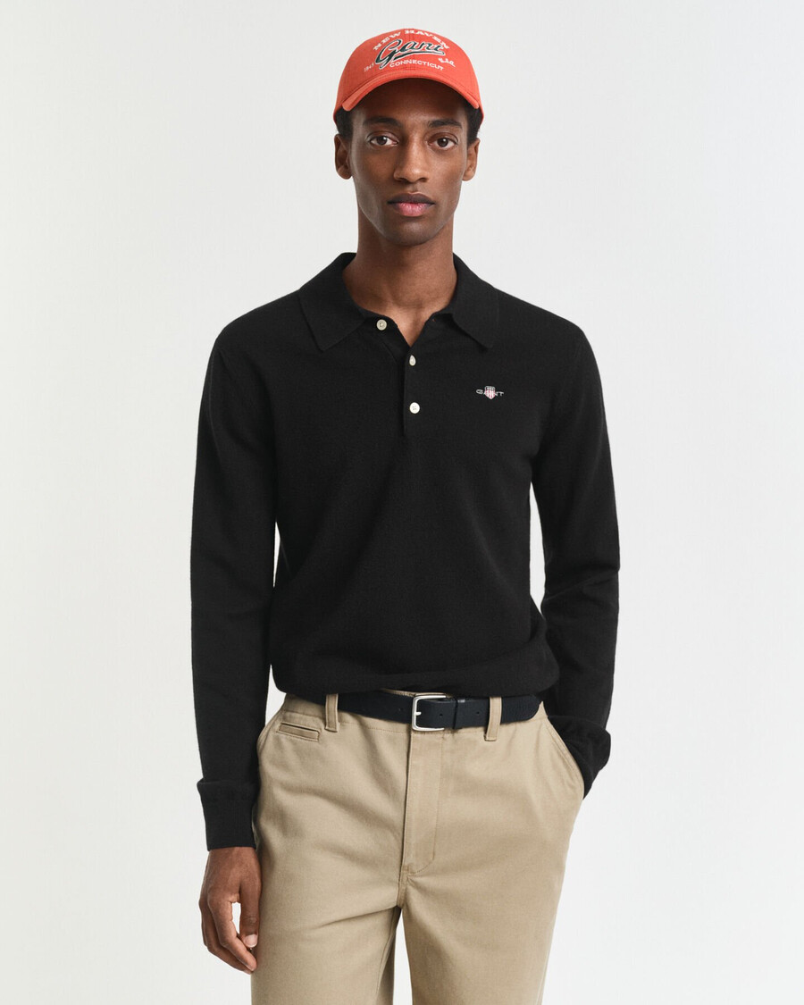 polo-pullover aus superfeiner lammwolle – schwarz