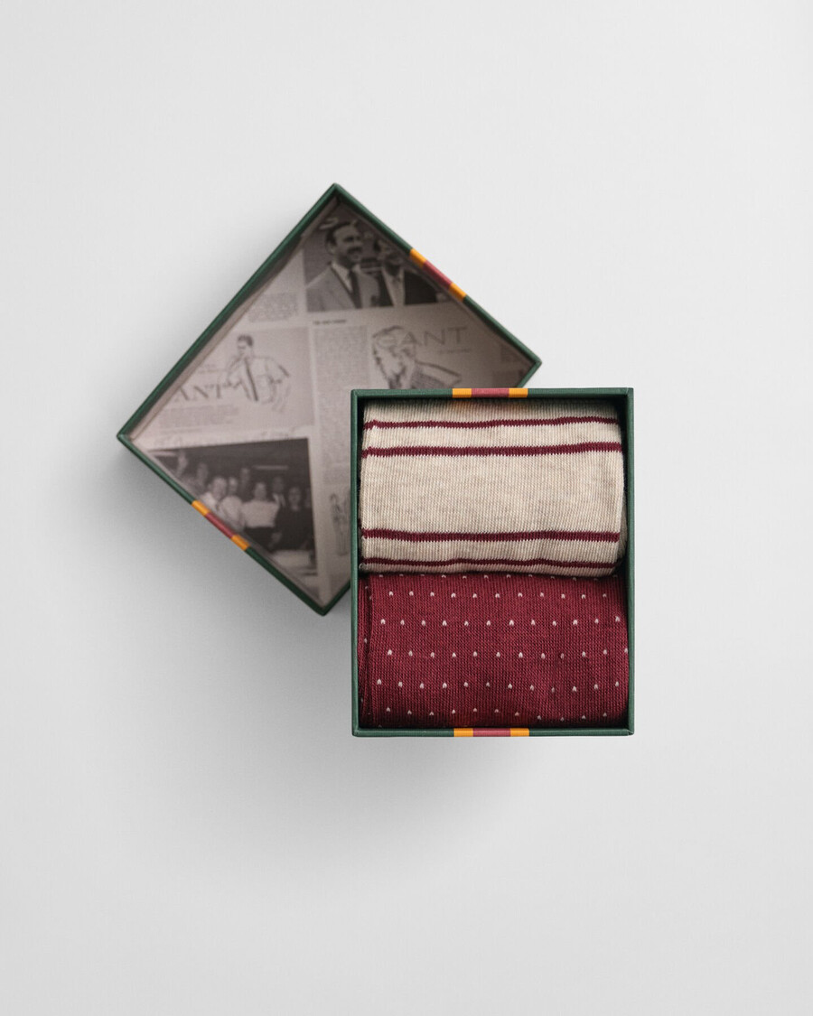 2er-pack gestreifte und gepunktete socken in geschenkbox – prallrot