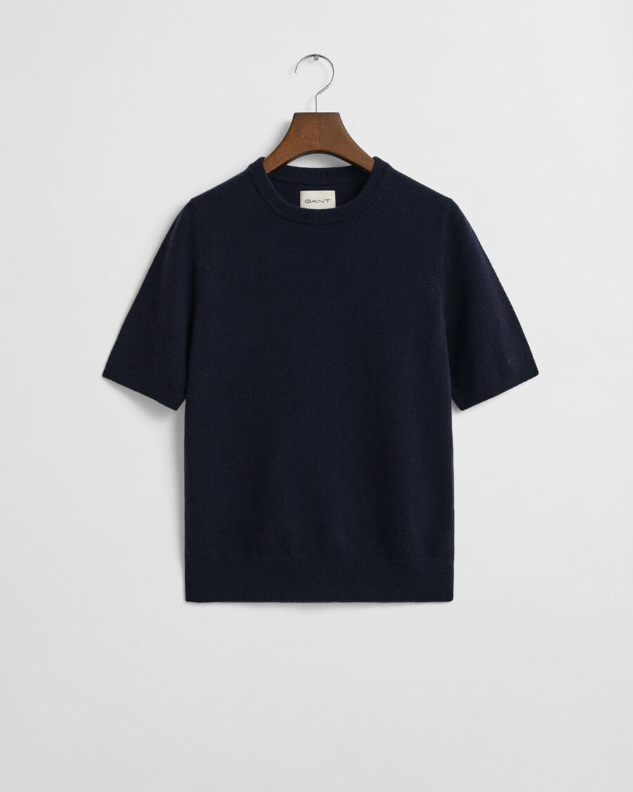 feiner lammwollpullover mit kurzen Ärmeln und rundhalsausschnitt – abendblau