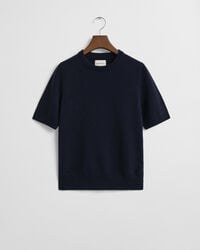 feiner lammwollpullover mit kurzen Ärmeln und rundhalsausschnitt – abendblau