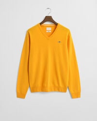 superfeiner lammwollpullover mit v-ausschnitt – gelbe flechte