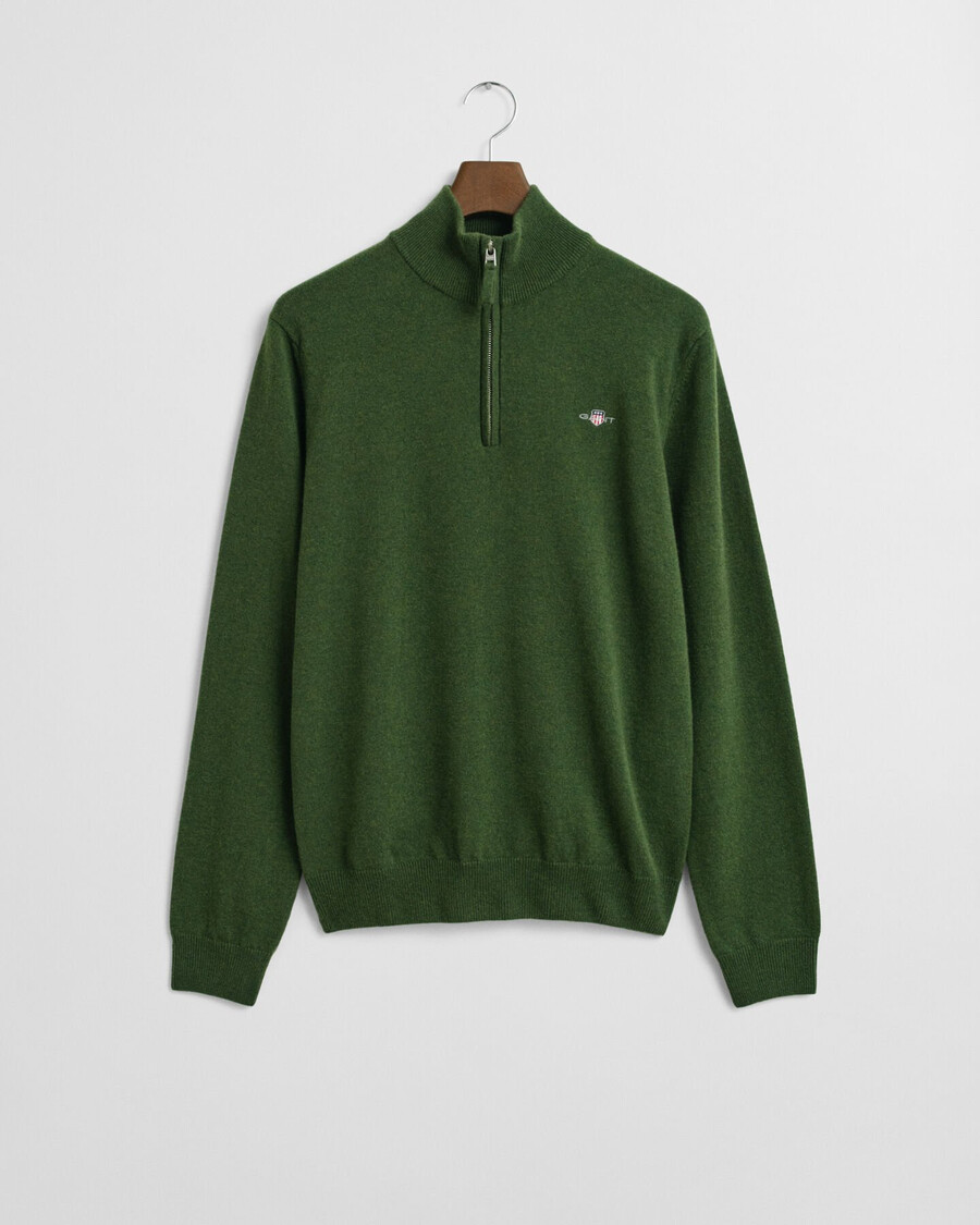 feiner lammwollpullover mit halbem reißverschluss – moosgrün