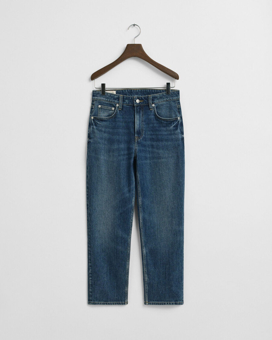 cropped straight leg stretch-jeans – mittelblau used-look
