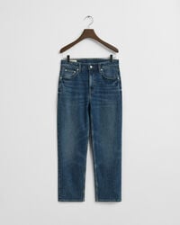 cropped straight leg stretch-jeans – mittelblau used-look