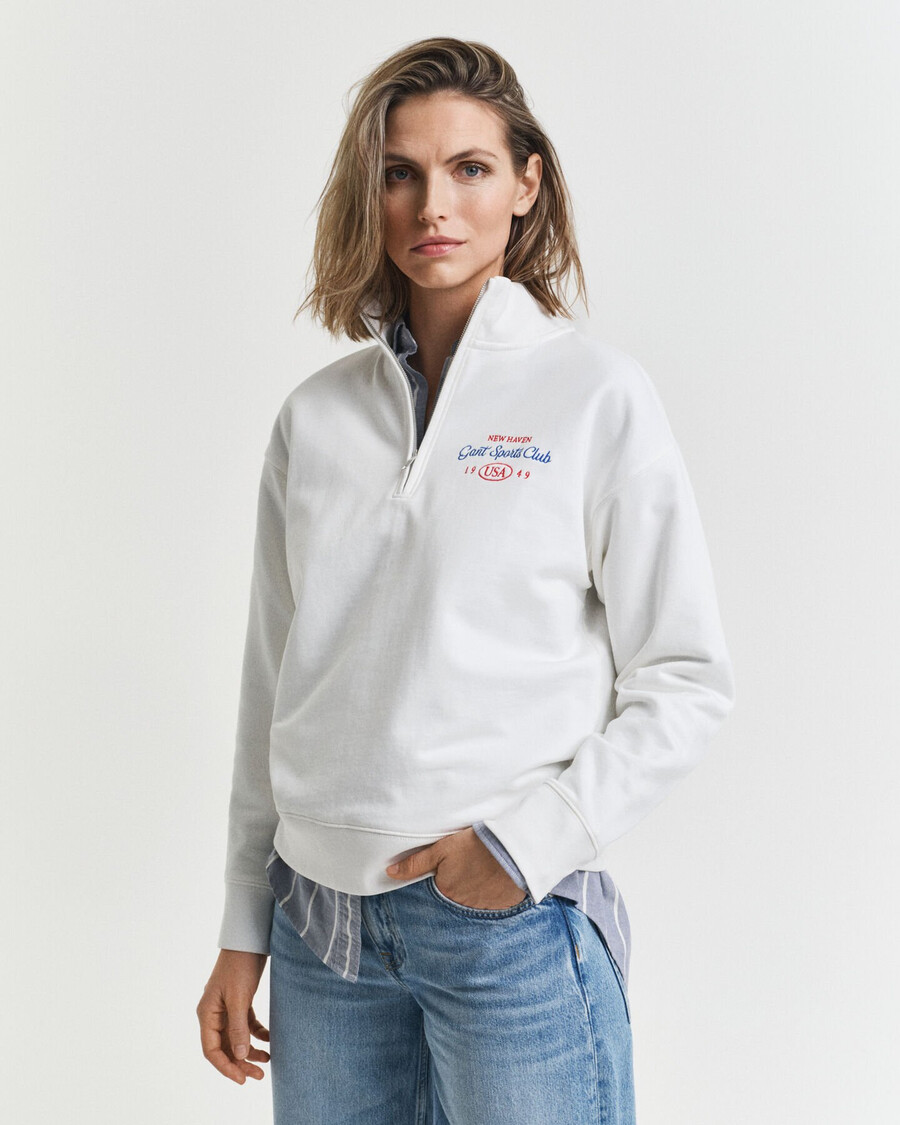 sweatshirt mit grafikprint und halbem reißverschluss – eierschale