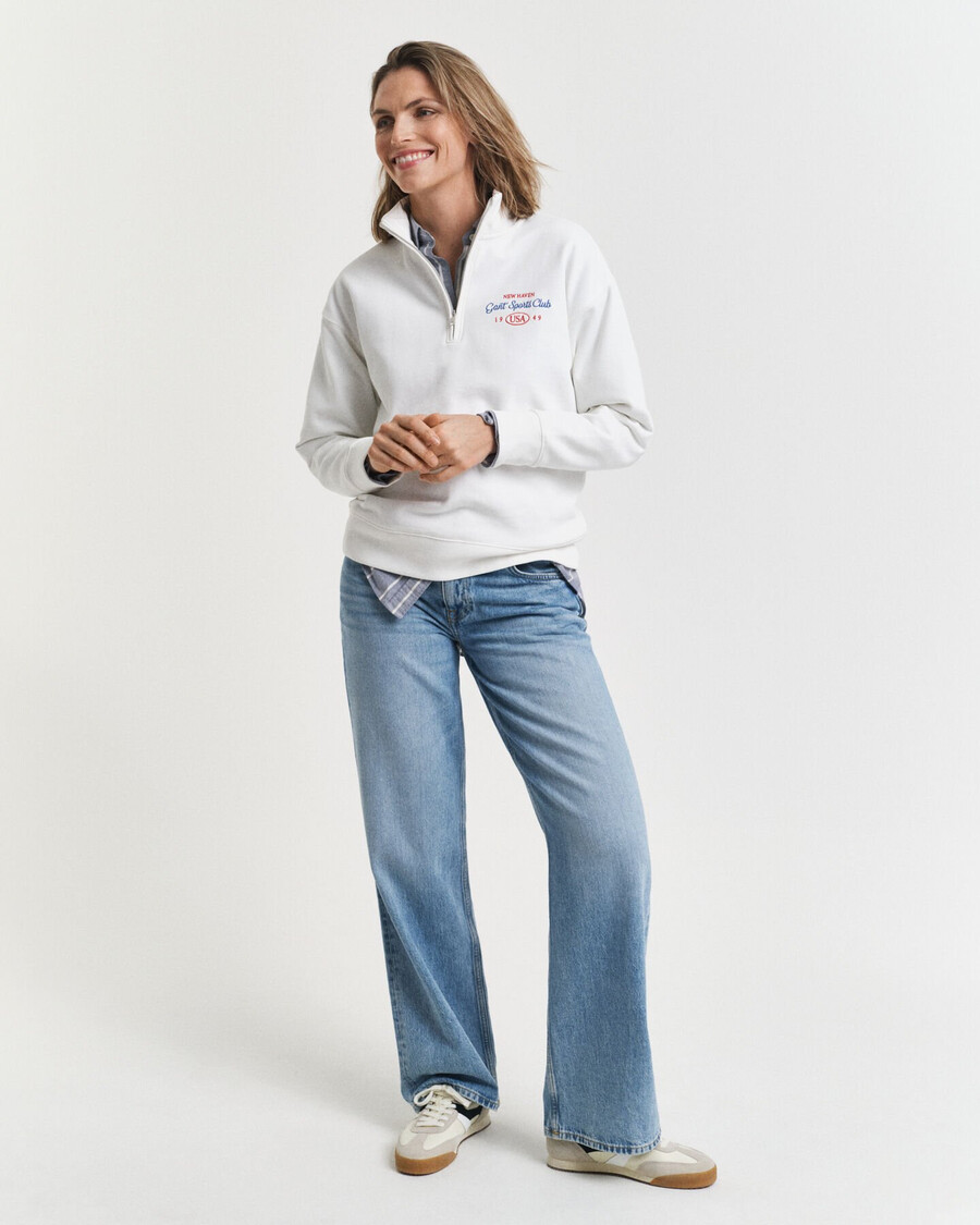 sweatshirt mit grafikprint und halbem reißverschluss – eierschale