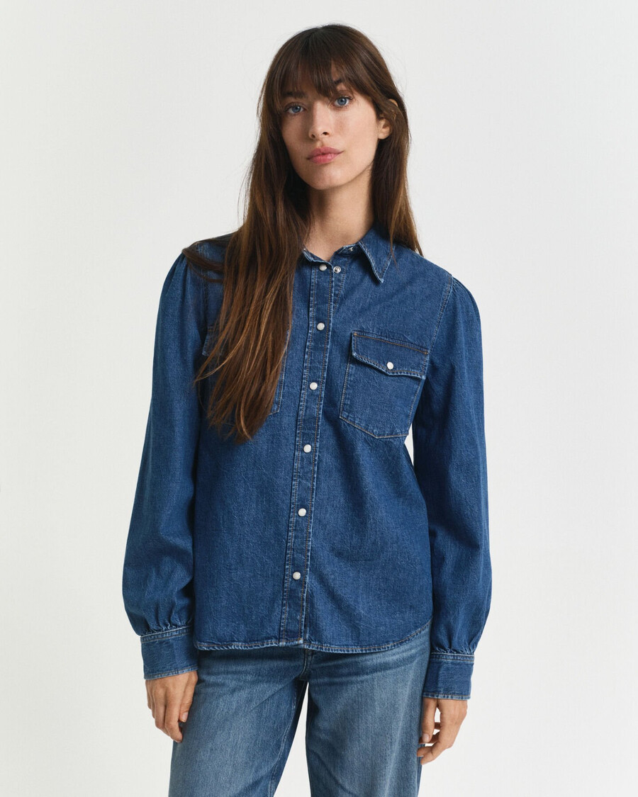 jeanshemd mit puffärmeln in regulärer passform – indigo