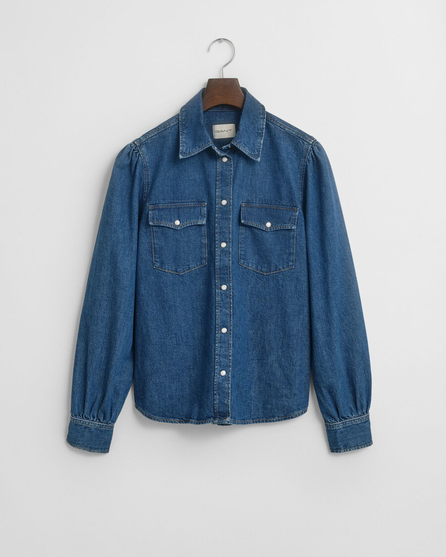 jeanshemd mit puffärmeln in regulärer passform – indigo