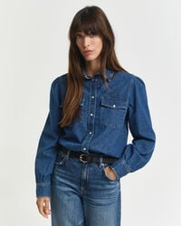 jeanshemd mit puffärmeln in regulärer passform – indigo