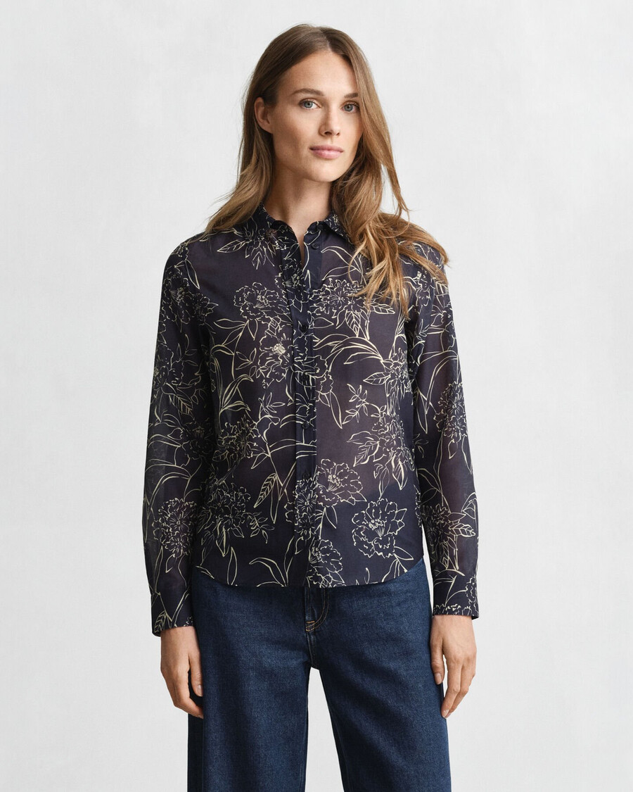 normal geschnittenes baumwollseidenhemd mit blumenmuster – abendblau