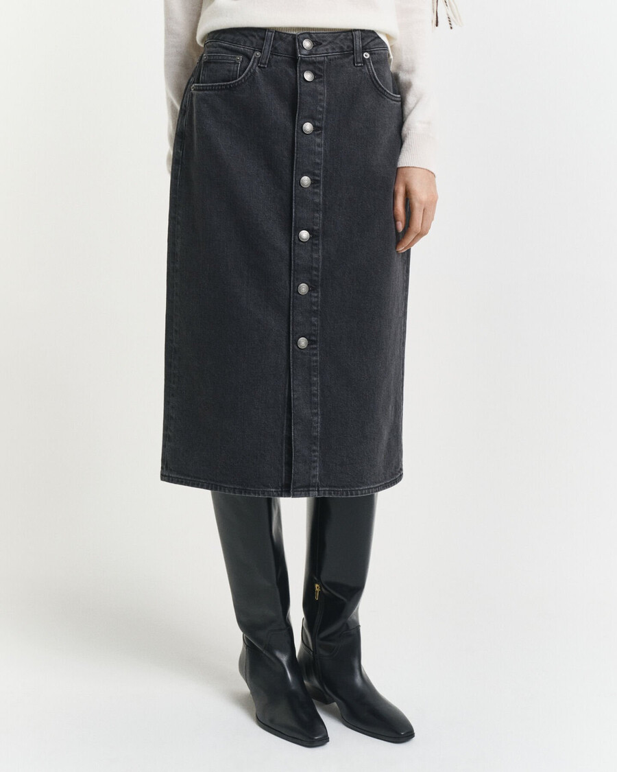 geknöpfter midi-jeansrock – schwarz used-look