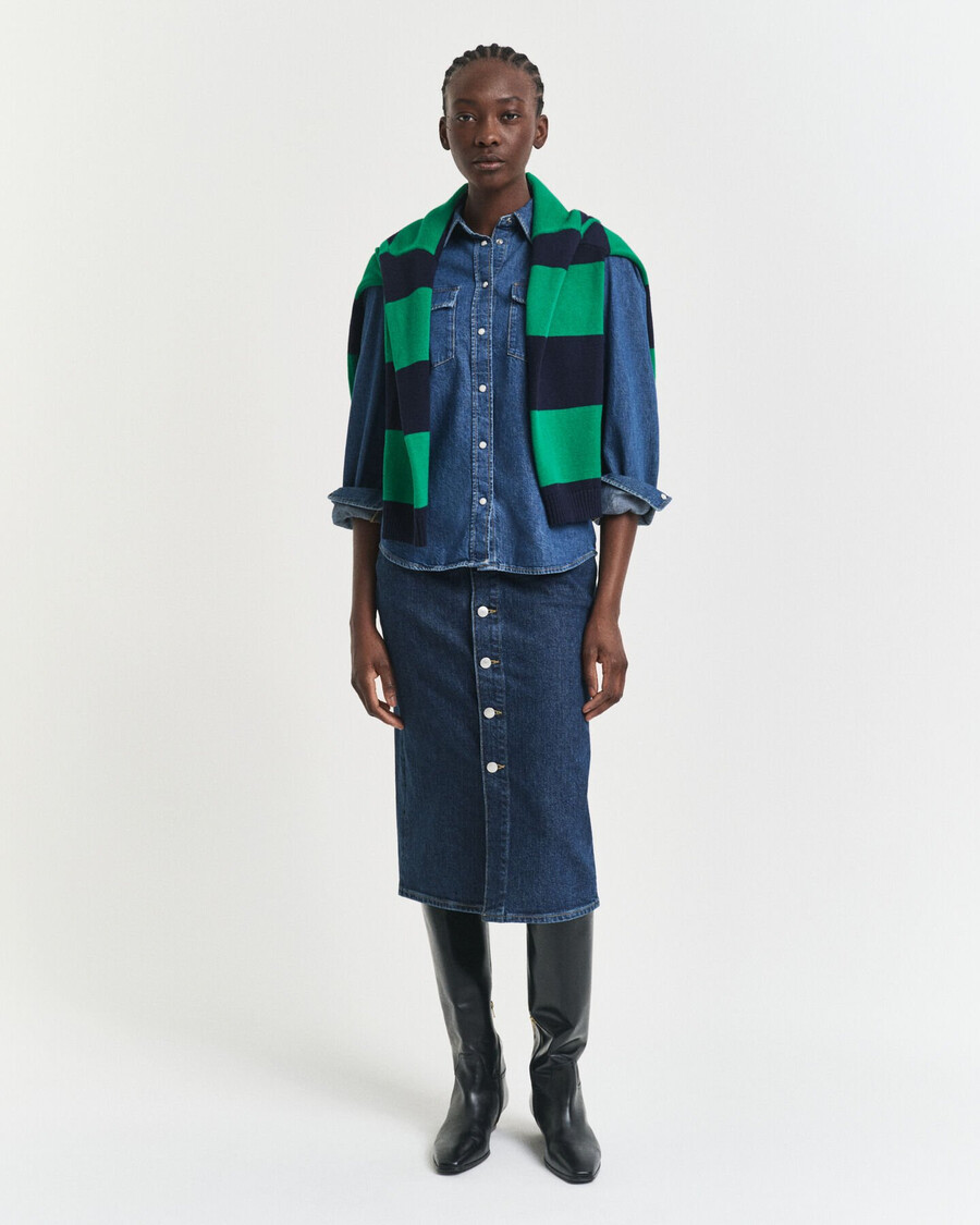 geknöpfter midi-jeansrock – dunkelblau used-look