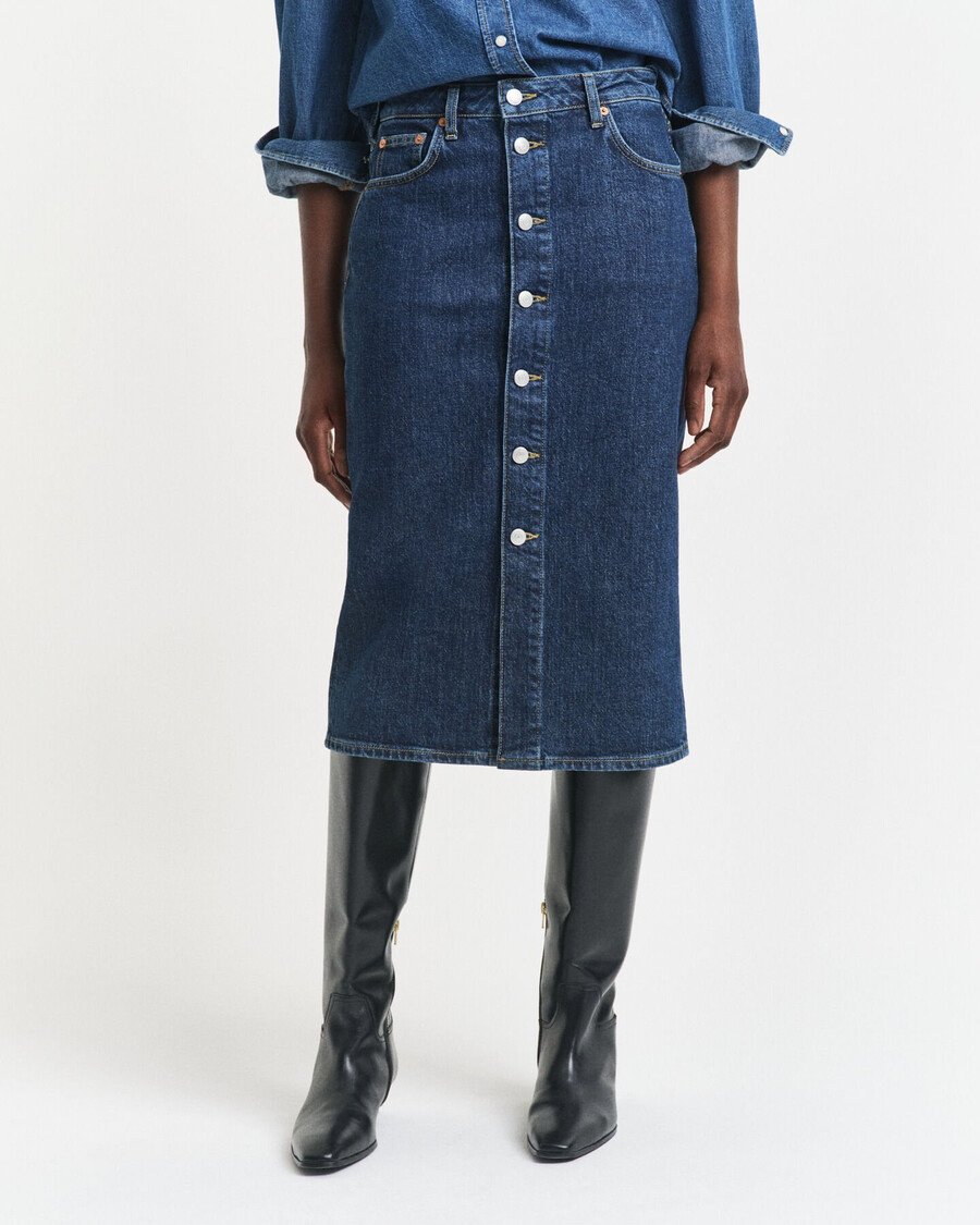 geknöpfter midi-jeansrock – dunkelblau used-look