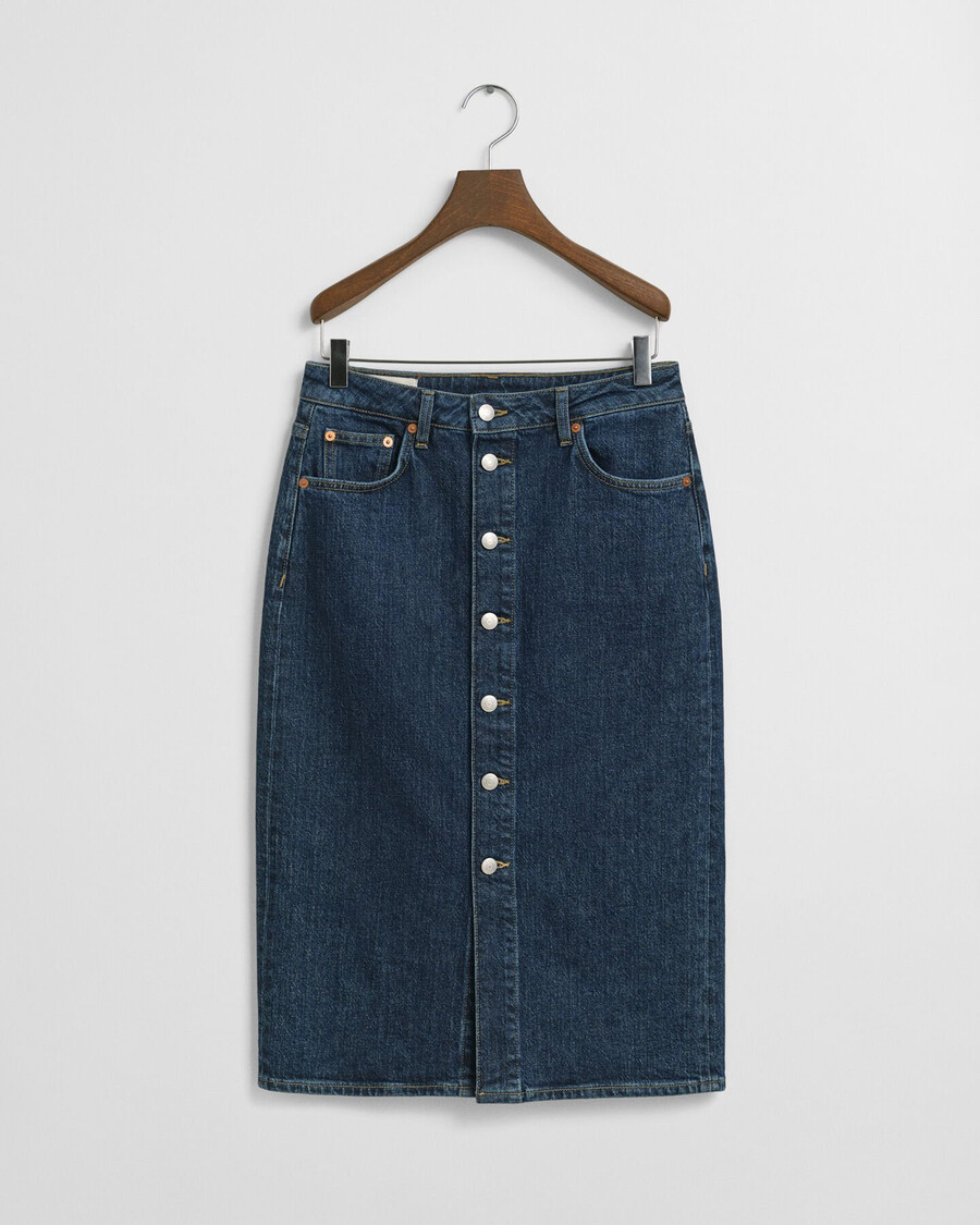 geknöpfter midi-jeansrock – dunkelblau used-look