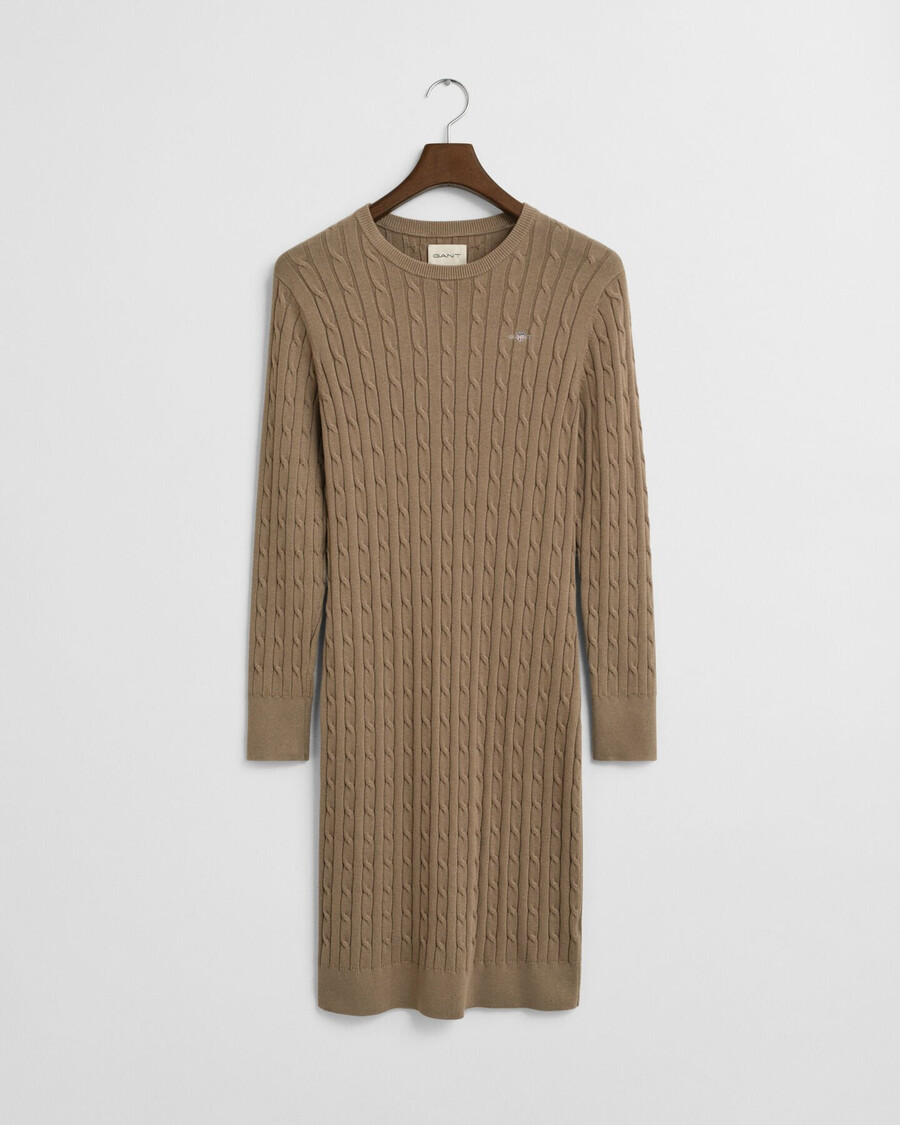 stretch-baumwollkleid mit zopfstrickmuster und rundhalsausschnitt – taupe-beige