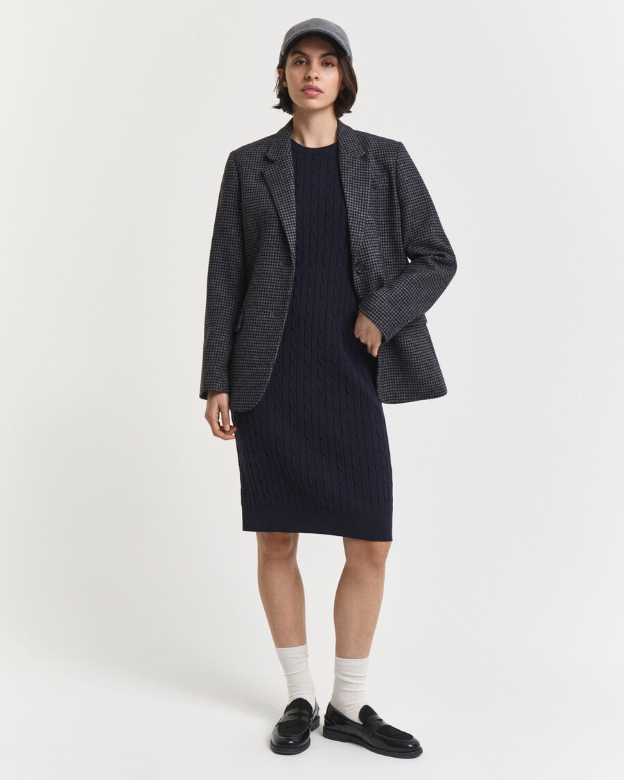 stretch-baumwollkleid mit zopfmuster und rundhalsausschnitt – abendblau