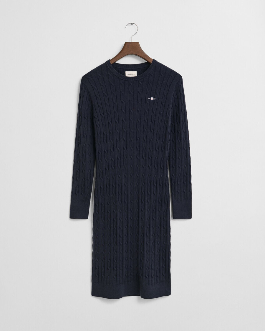 stretch-baumwollkleid mit zopfmuster und rundhalsausschnitt – abendblau